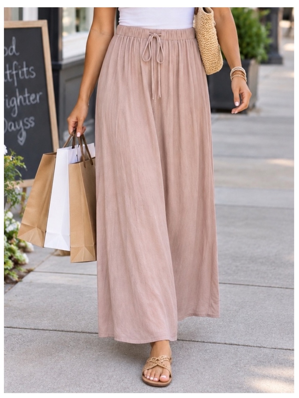 🟠NWT DOUBLE ZERO Linen Blend Drawstring Maxi Skirt w/Back Slit - Taupe